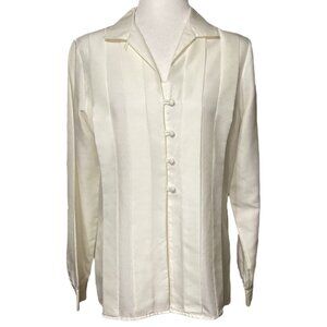 Vintage JC Penney Pleated Long-Sleeve Button up‎ Cream Color Blouse Size Medium